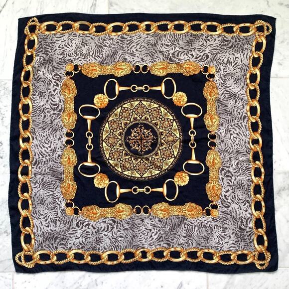 100% Silk Scarf 33" Square Navy Blue Gold Made in Italy Chain Link Tiger EUC - Picture 1 of 6